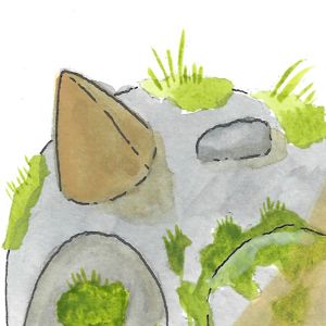 statue of a bird in watercolor with a red beak and moss growing on it