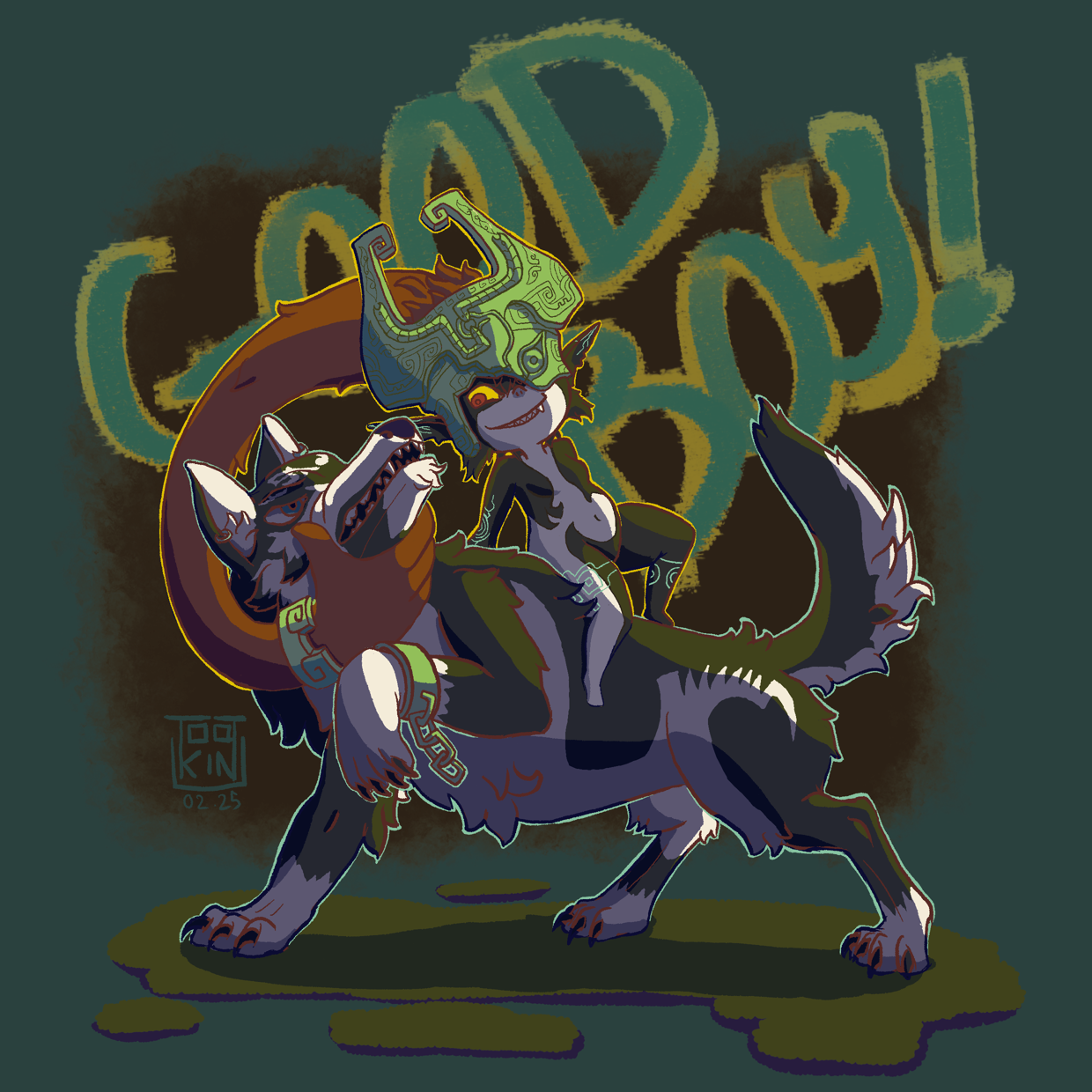 desc: full body painting of Midna and Wolf-link