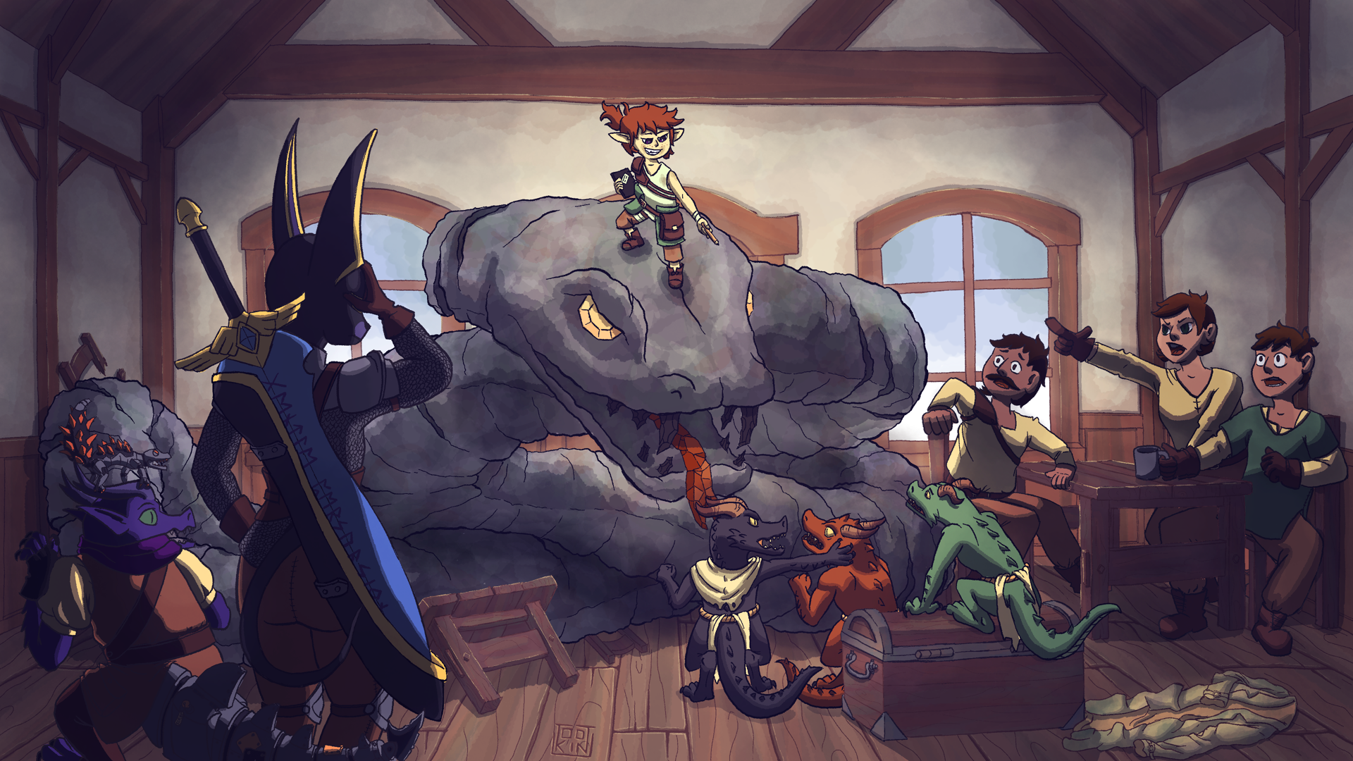 desc: complex illustration of a DnD campaign with 3 player characters, 6 NPC, 2 creatures and the inside of a tavern