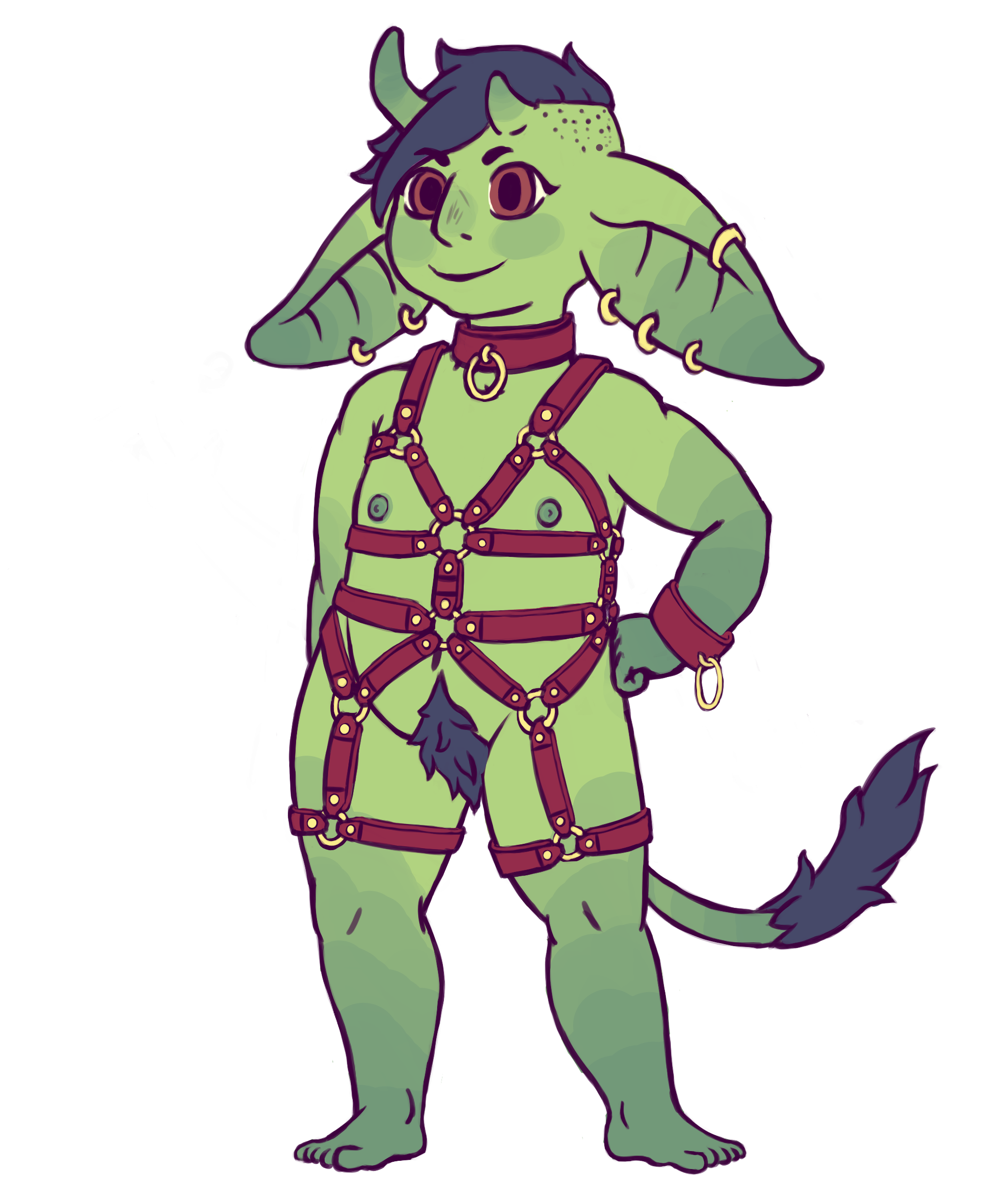 desc: Illustration of Hulda the goblin with a leather harness