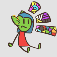 a little goblin sitting in a white void, surrounded by colorful clouds. The colors represent the pan, non binary, and gay flags